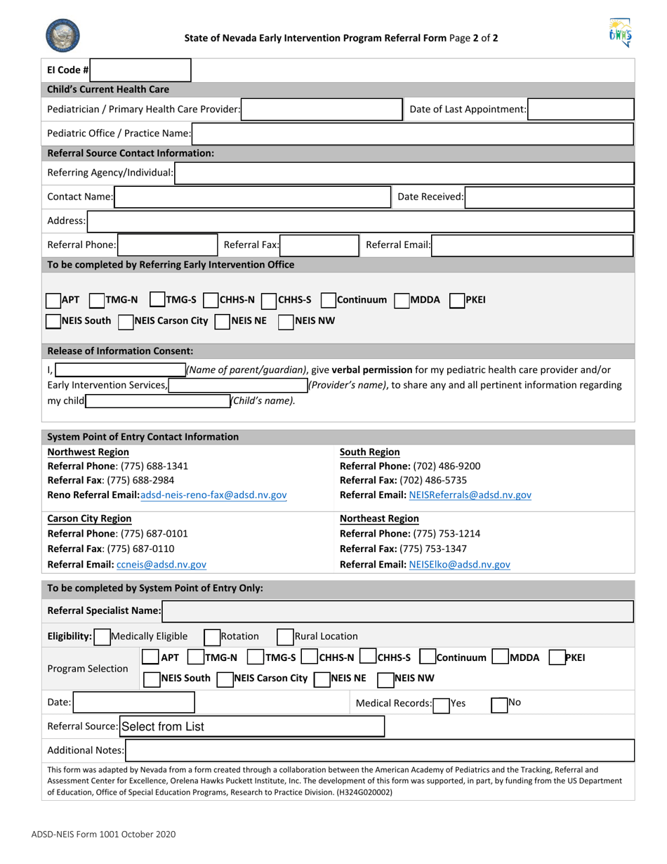 ADSD-NEIS Form 1001 Download Fillable PDF or Fill Online Early ...