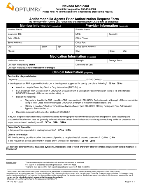 Form FA-176 Antihemophilia Agents Prior Authorization Request Form - Nevada