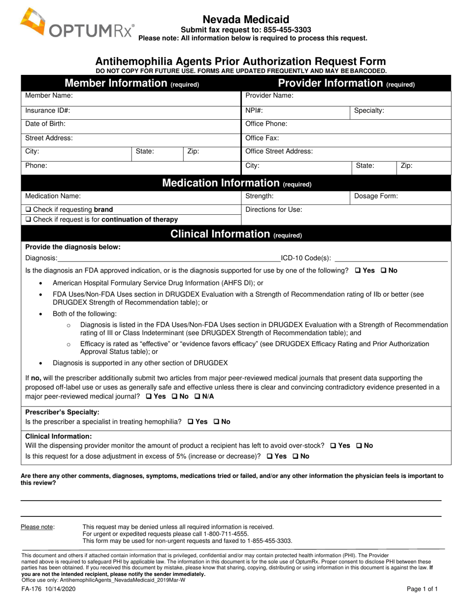 Form FA-176 Antihemophilia Agents Prior Authorization Request Form - Nevada, Page 1