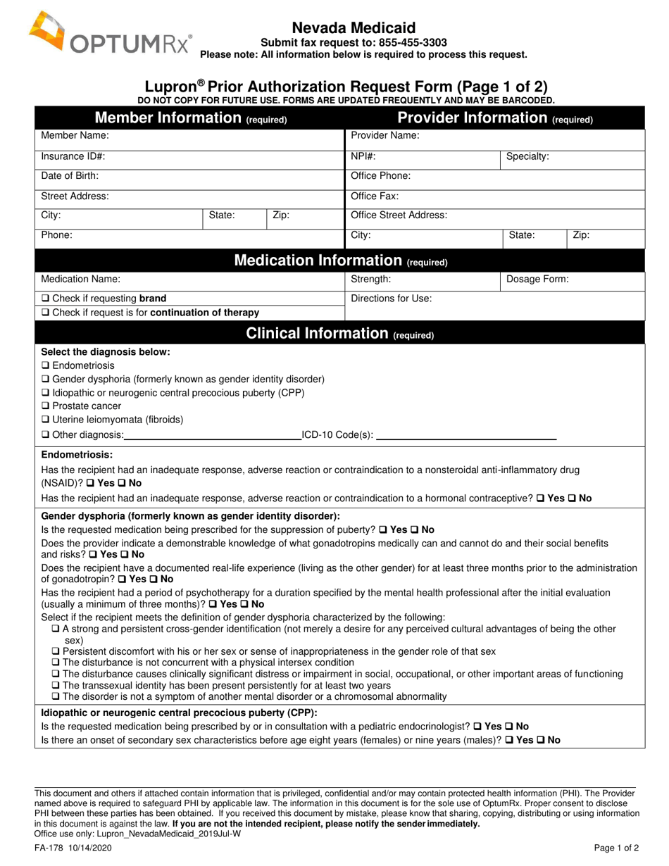 Form FA-178 Lupron Prior Authorization Request Form - Nevada, Page 1