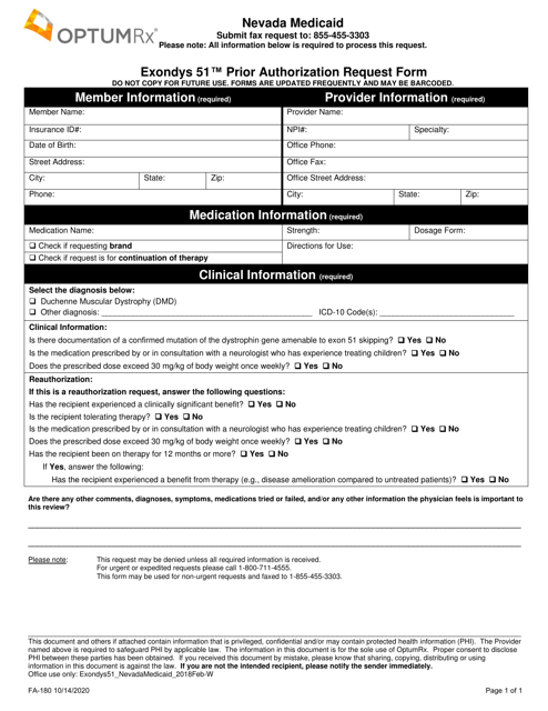 Form FA-180 Exondys 51 Prior Authorization Request Form - Nevada