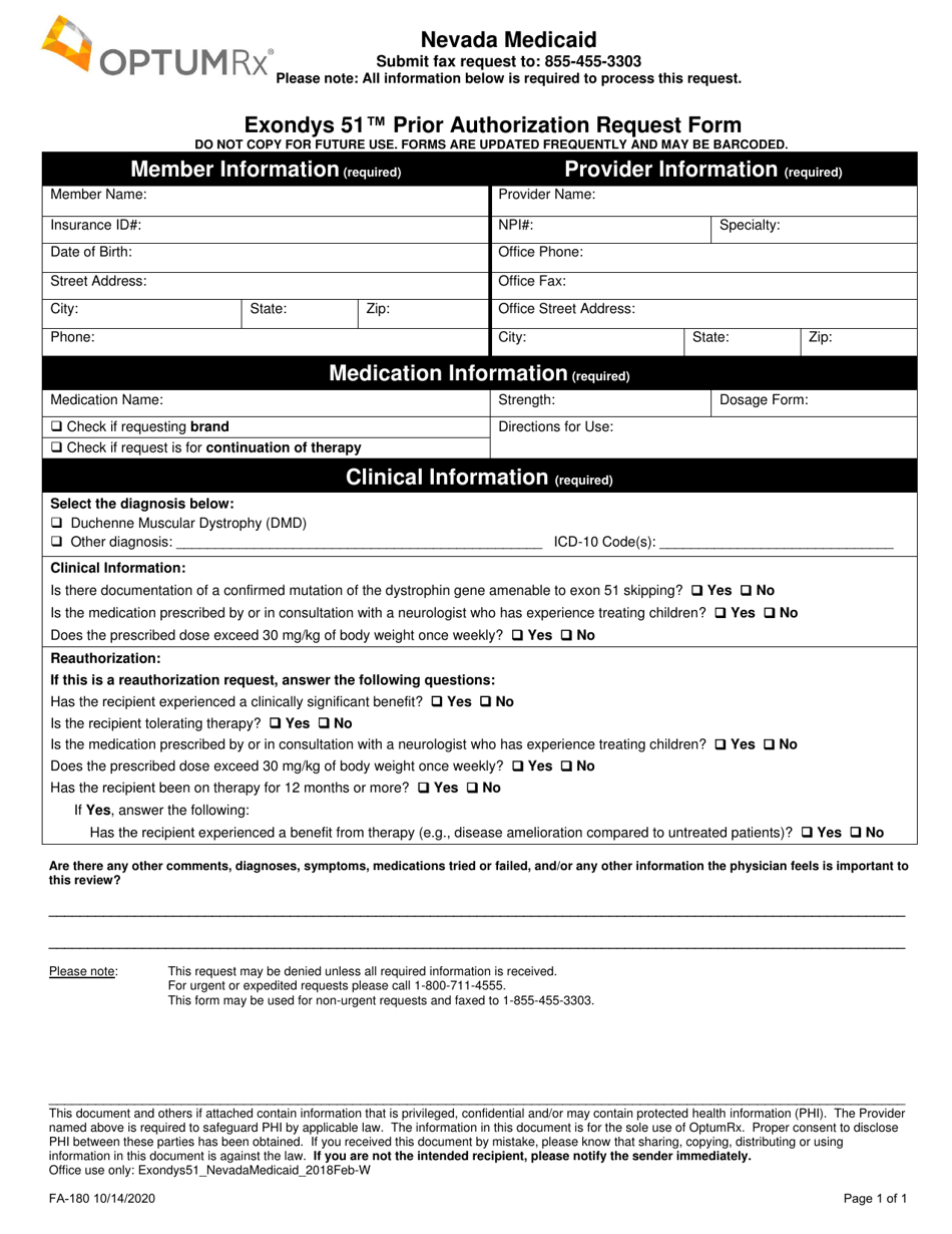 Form FA-180 Exondys 51 Prior Authorization Request Form - Nevada, Page 1