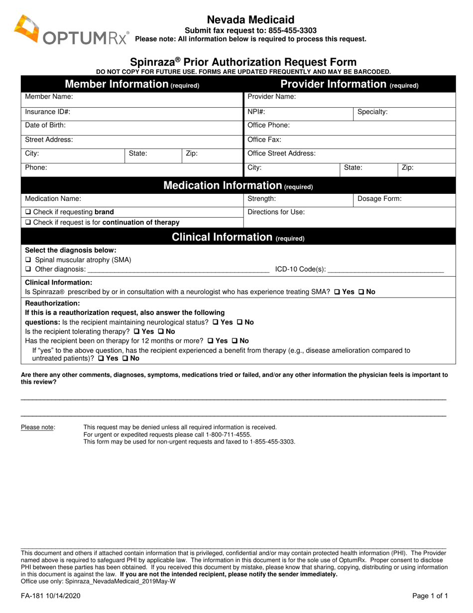 Form FA-181 Spinraza Prior Authorization Request Form - Nevada, Page 1