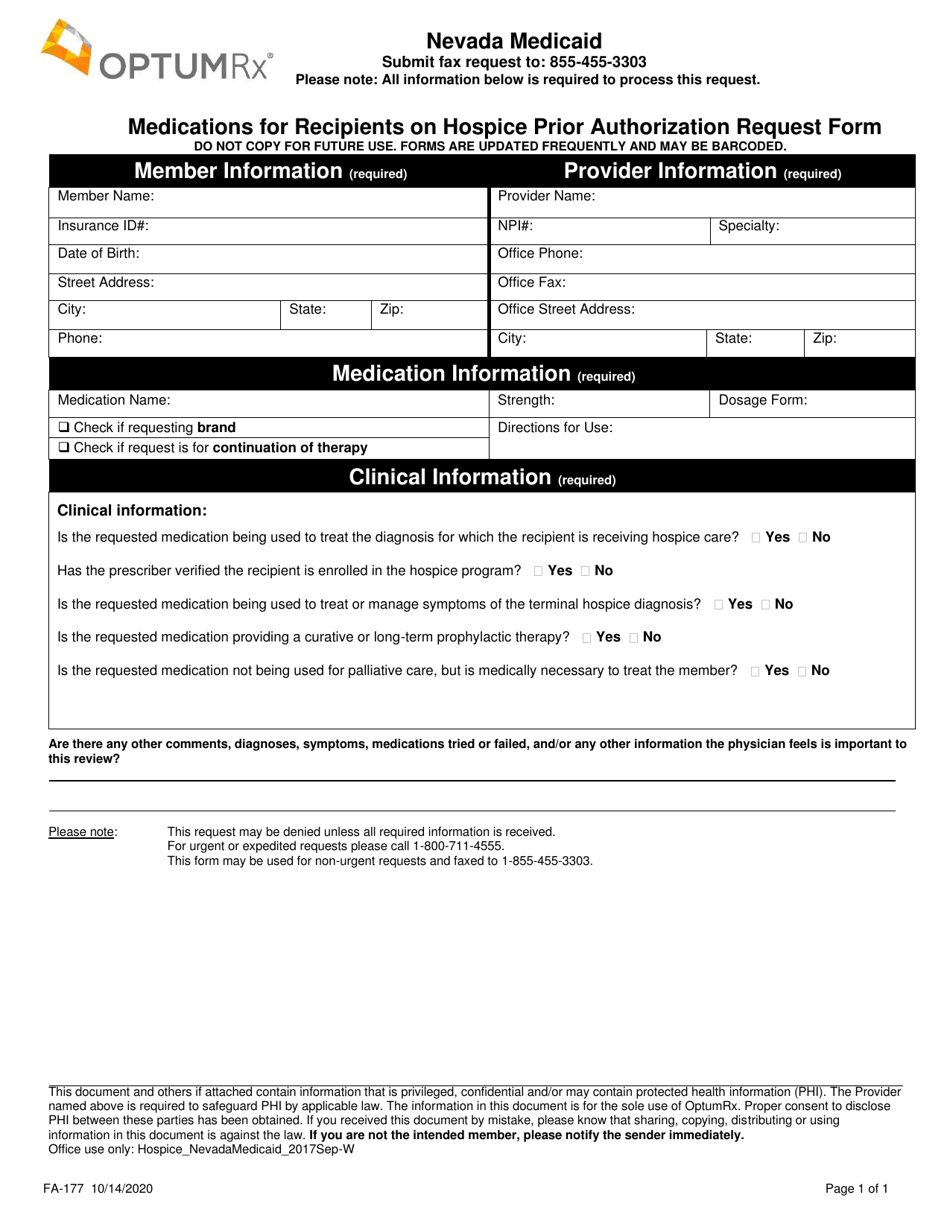 Form FA-177 Medications for Recipients on Hospice Prior Authorization Request Form - Nevada, Page 1