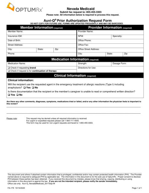 Form FA-179 Auvi-Q Prior Authorization Request Form - Nevada