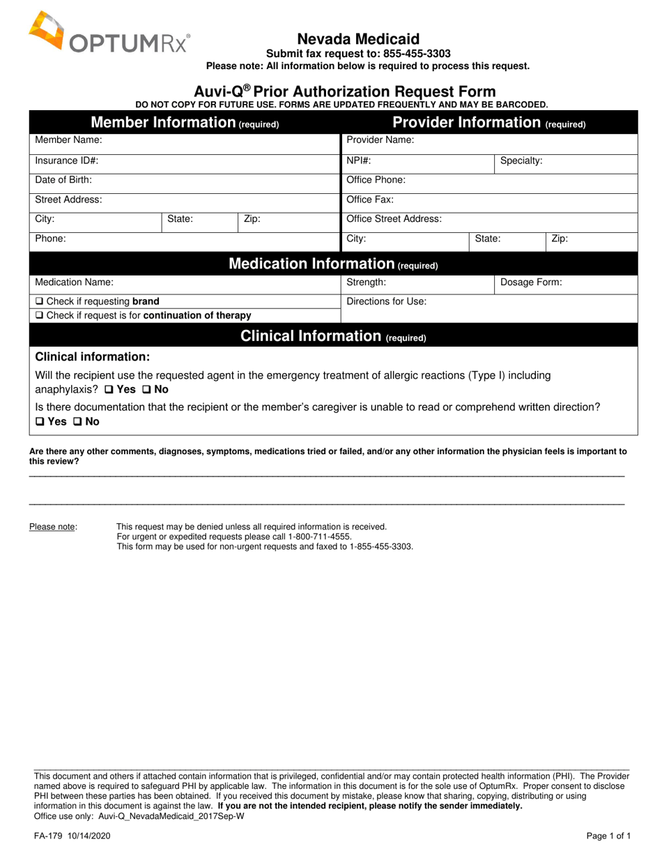 Form FA-179 Auvi-Q Prior Authorization Request Form - Nevada, Page 1