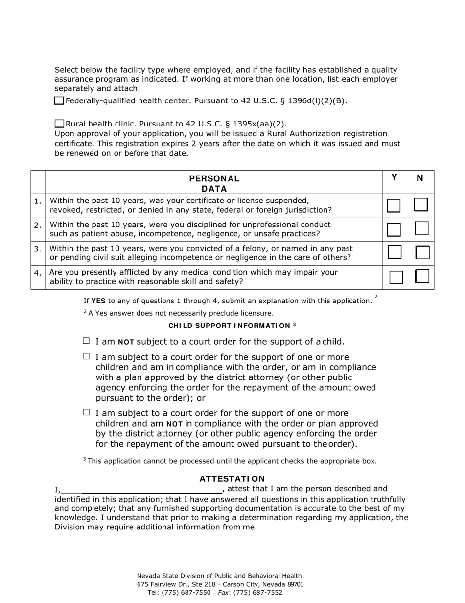 Registration Form for Rural Authorization - Nevada, Page 2