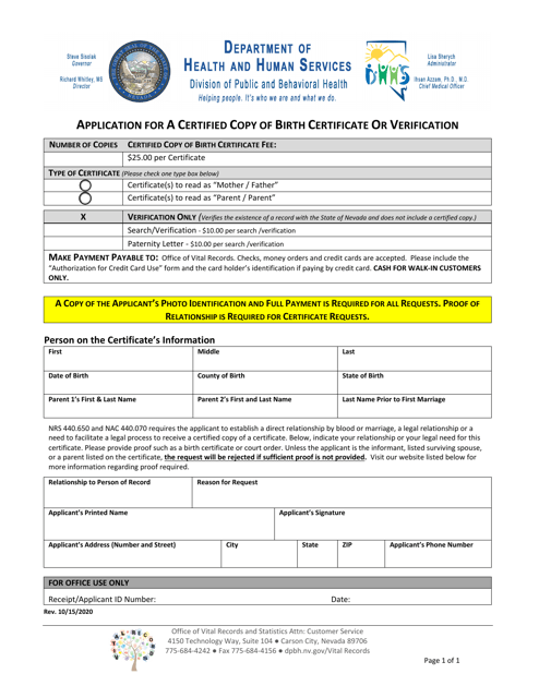 &quot;Application for a Certified Copy of Birth Certificate or Verification&quot; - Nevada Download Pdf