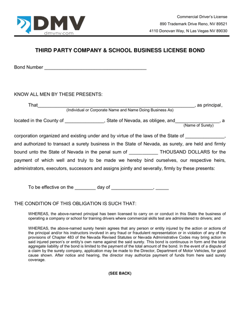 Form CDL-049 Third Party Company & School Business License Bond - Nevada