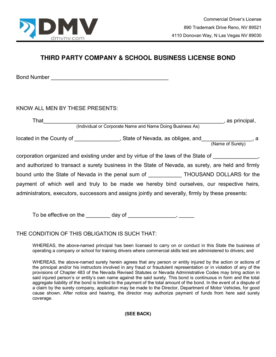 Form CDL-049 Third Party Company  School Business License Bond - Nevada, Page 1