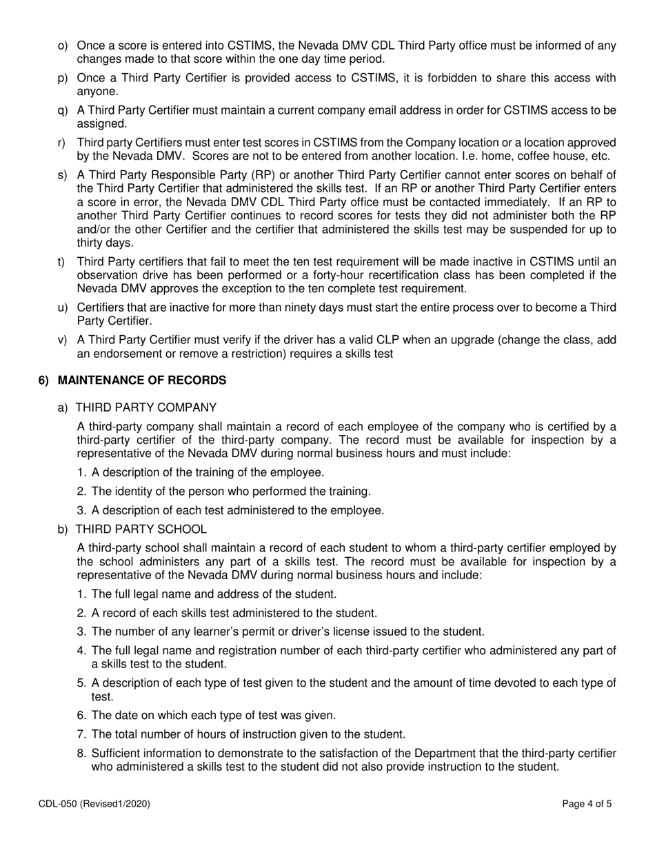 Form CDL-050 Third Party Certifier Agreement - Nevada, Page 4