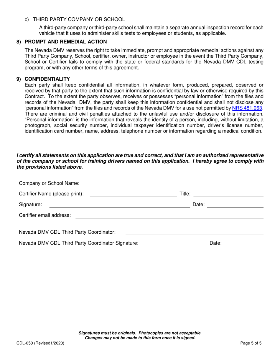 Form CDL-050 Third Party Certifier Agreement - Nevada, Page 5