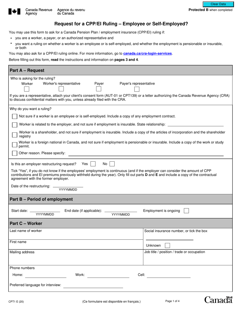 Form CPT1 Request for a Cpp / Ei Ruling - Employee or Self-employed? - Canada, Page 1