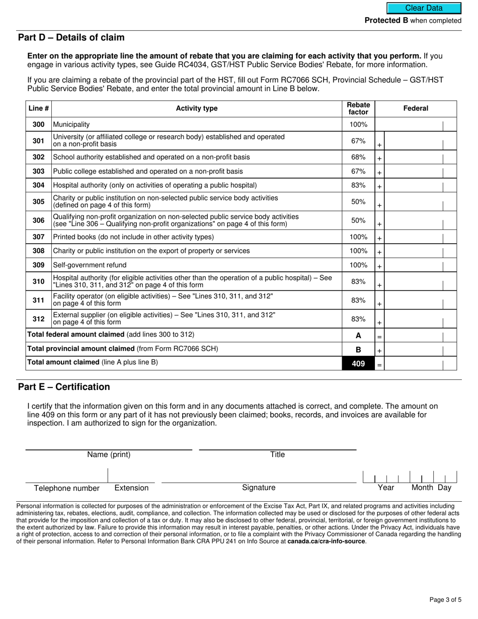 Form GST66 Application for Gst / Hst Public Service Bodies Rebate and Gst Self-government Refund - Canada, Page 3