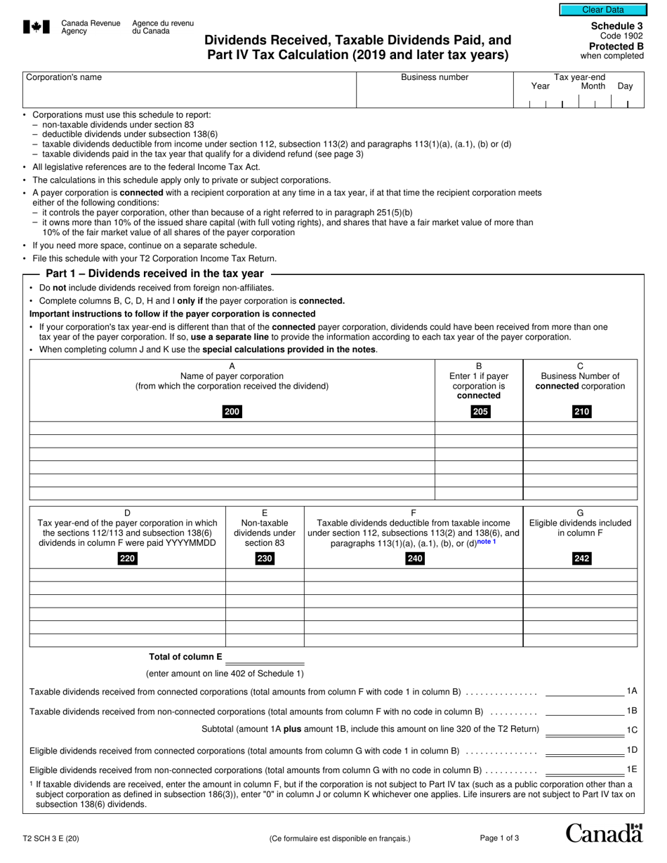 Form T2 Schedule 3 Dividends Received, Taxable Dividends Paid, and Part IV Tax Calculation (2019 and Later Tax Years) - Canada, Page 1