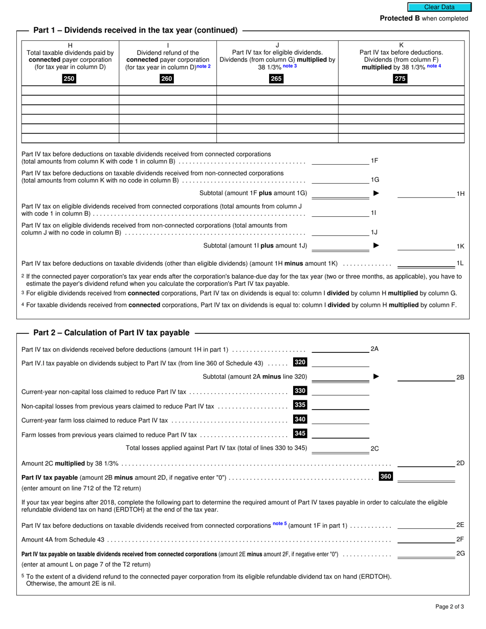 Form T2 Schedule 3 Dividends Received, Taxable Dividends Paid, and Part IV Tax Calculation (2019 and Later Tax Years) - Canada, Page 2