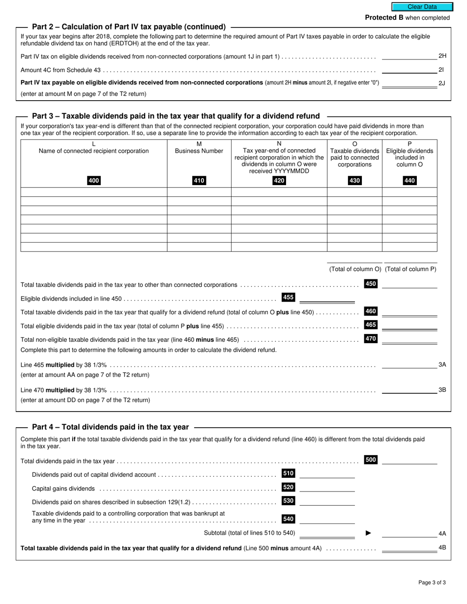 Form T2 Schedule 3 Dividends Received, Taxable Dividends Paid, and Part IV Tax Calculation (2019 and Later Tax Years) - Canada, Page 3