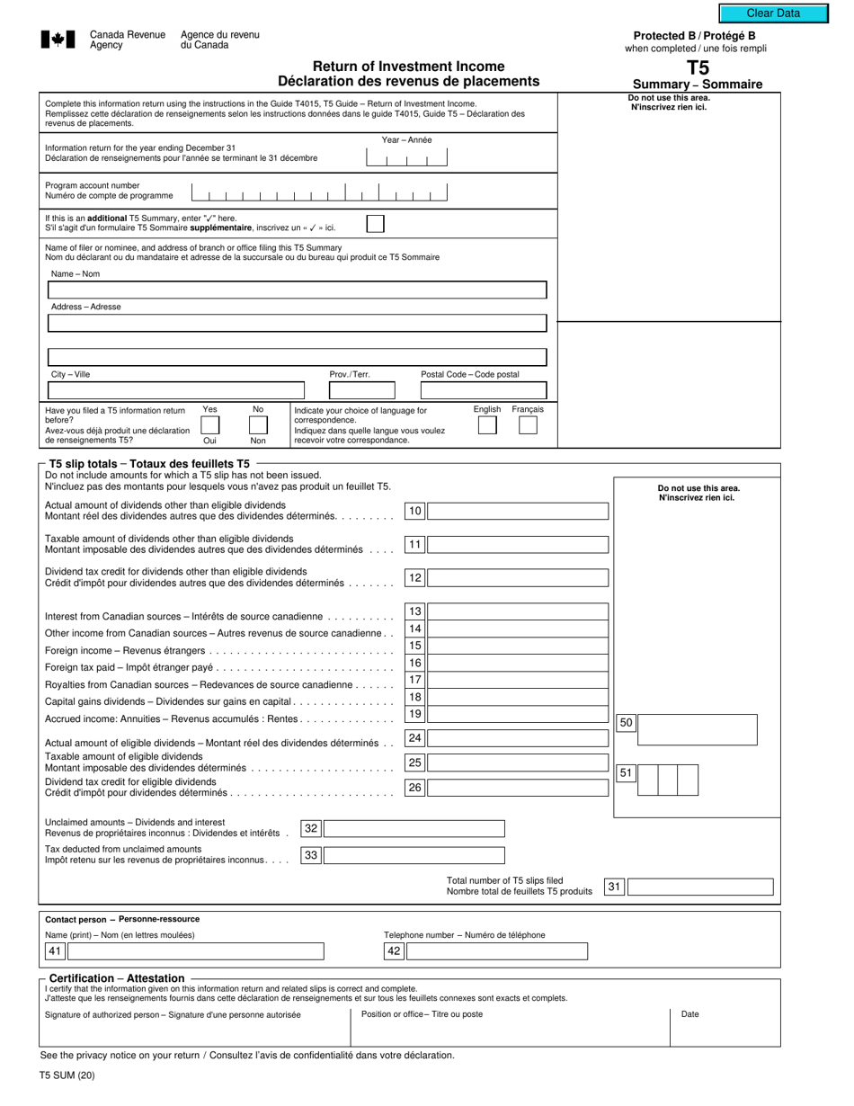 Form T5 SUM Return of Investment Income - Canada (English / French), Page 1