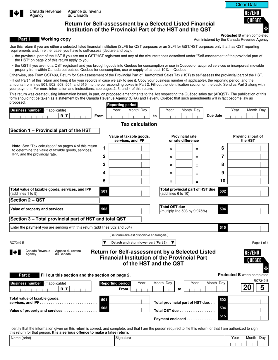 Form RC7249 Return for Self-assessment by a Selected Listed Financial Institution of the Provincial Part of the Hst and the Qst - Canada, Page 1