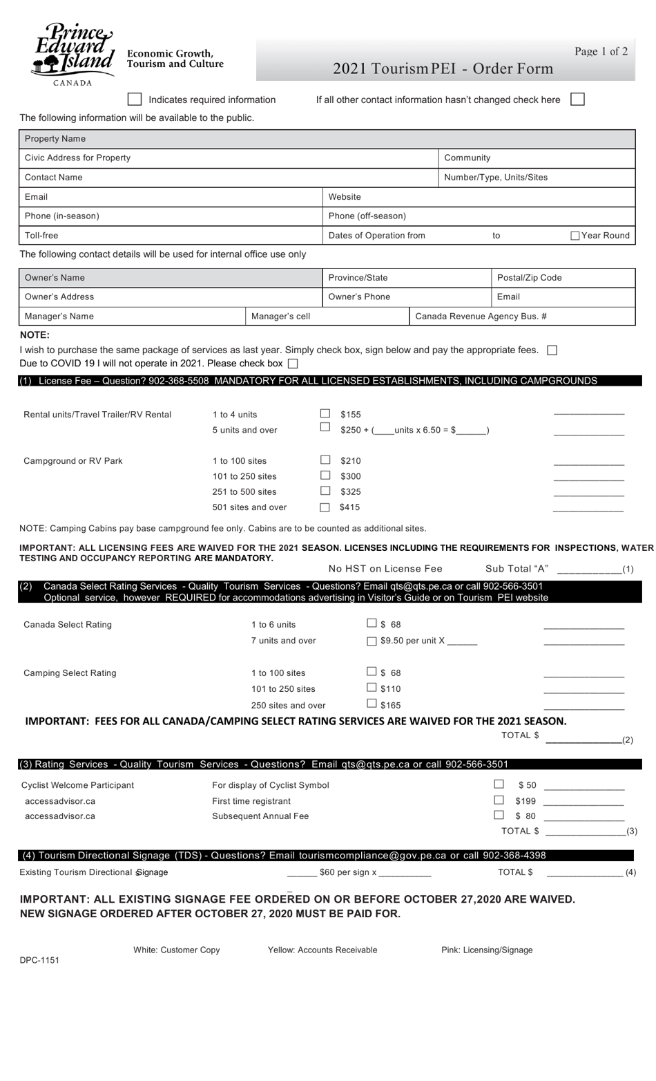 Form DPC-1151 Tourism Pei - Order Form - Prince Edward Island, Canada, Page 1