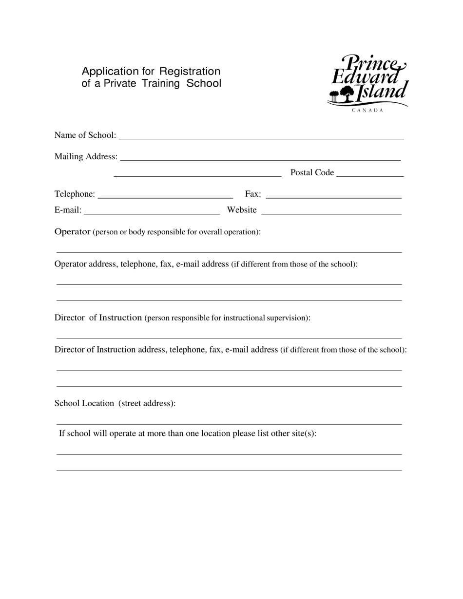 Application for Registration of a Private Training School - Prince Edward Island, Canada, Page 1