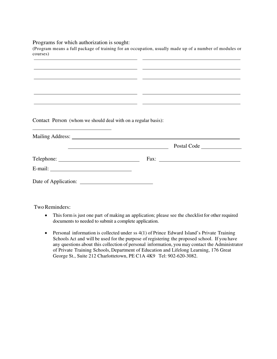 Application for Registration of a Private Training School - Prince Edward Island, Canada, Page 2