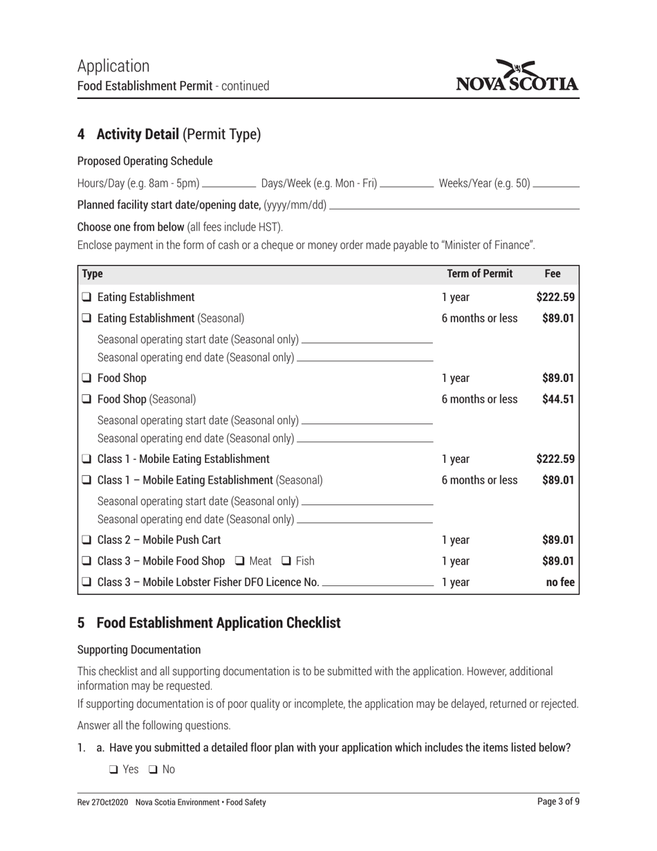 Application - Food Establishment Permit - Nova Scotia, Canada, Page 3