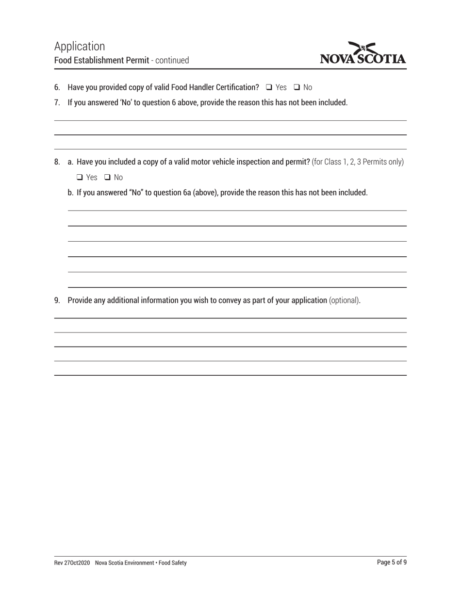 Application - Food Establishment Permit - Nova Scotia, Canada, Page 5