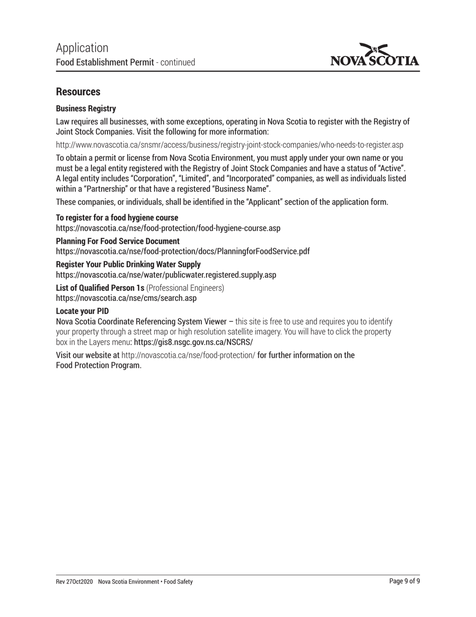 Application - Food Establishment Permit - Nova Scotia, Canada, Page 9
