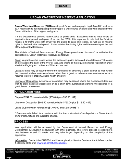 Application Form - Crown Waterfront Reserve - New Brunswick, Canada Download Pdf