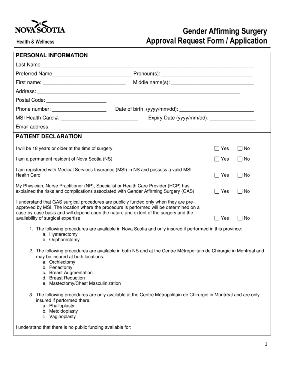 Gender Affirming Surgery Approval Request Form / Application - Nova Scotia, Canada, Page 1