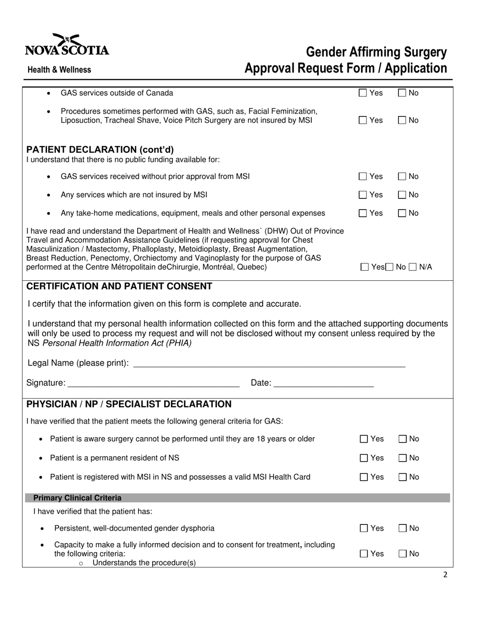 Gender Affirming Surgery Approval Request Form / Application - Nova Scotia, Canada, Page 2