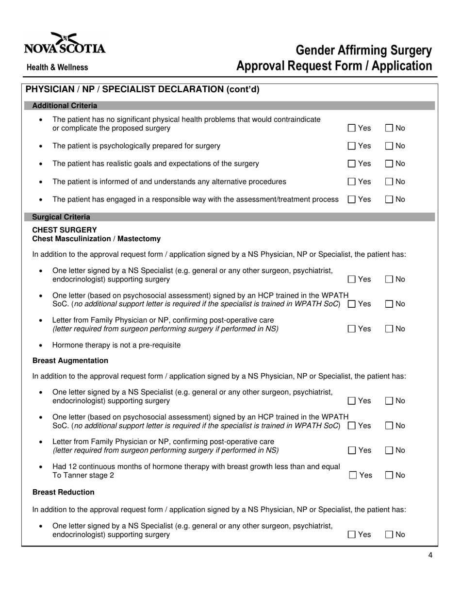 Gender Affirming Surgery Approval Request Form / Application - Nova Scotia, Canada, Page 4