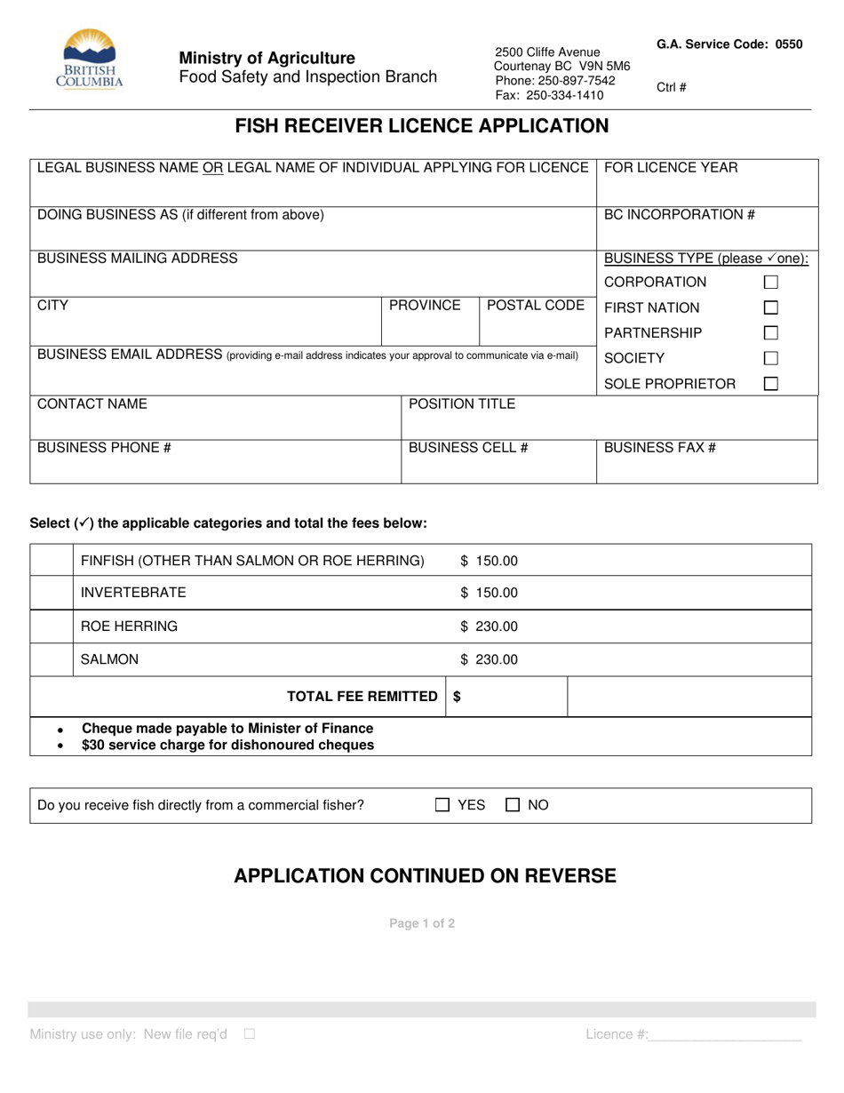 Fish Receiver License Application - British Columbia, Canada, Page 1