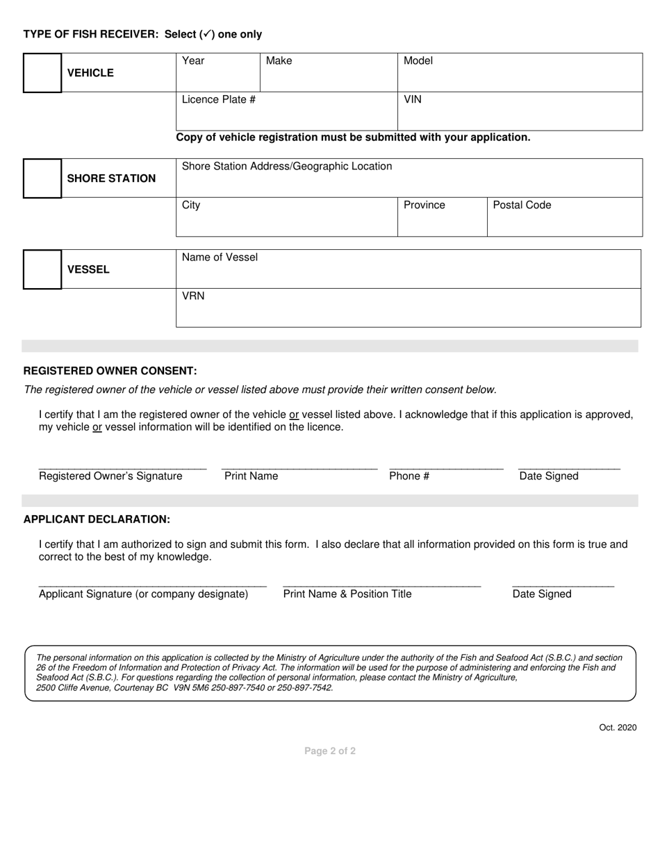 Fish Receiver License Application - British Columbia, Canada, Page 2