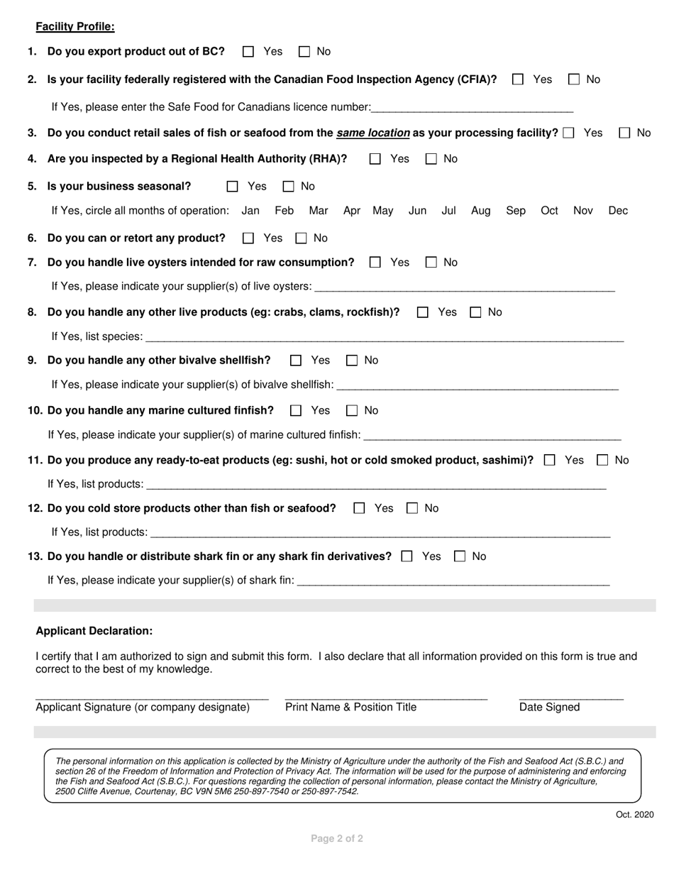 Seafood Processor License Application - British Columbia, Canada, Page 2