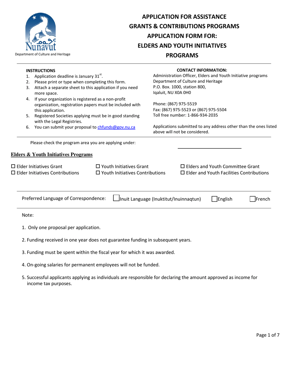 Application for Assistance Grants  Contributions Programs Application Form for: Elders and Youth Initiatives Programs - Nunavut, Canada, Page 1