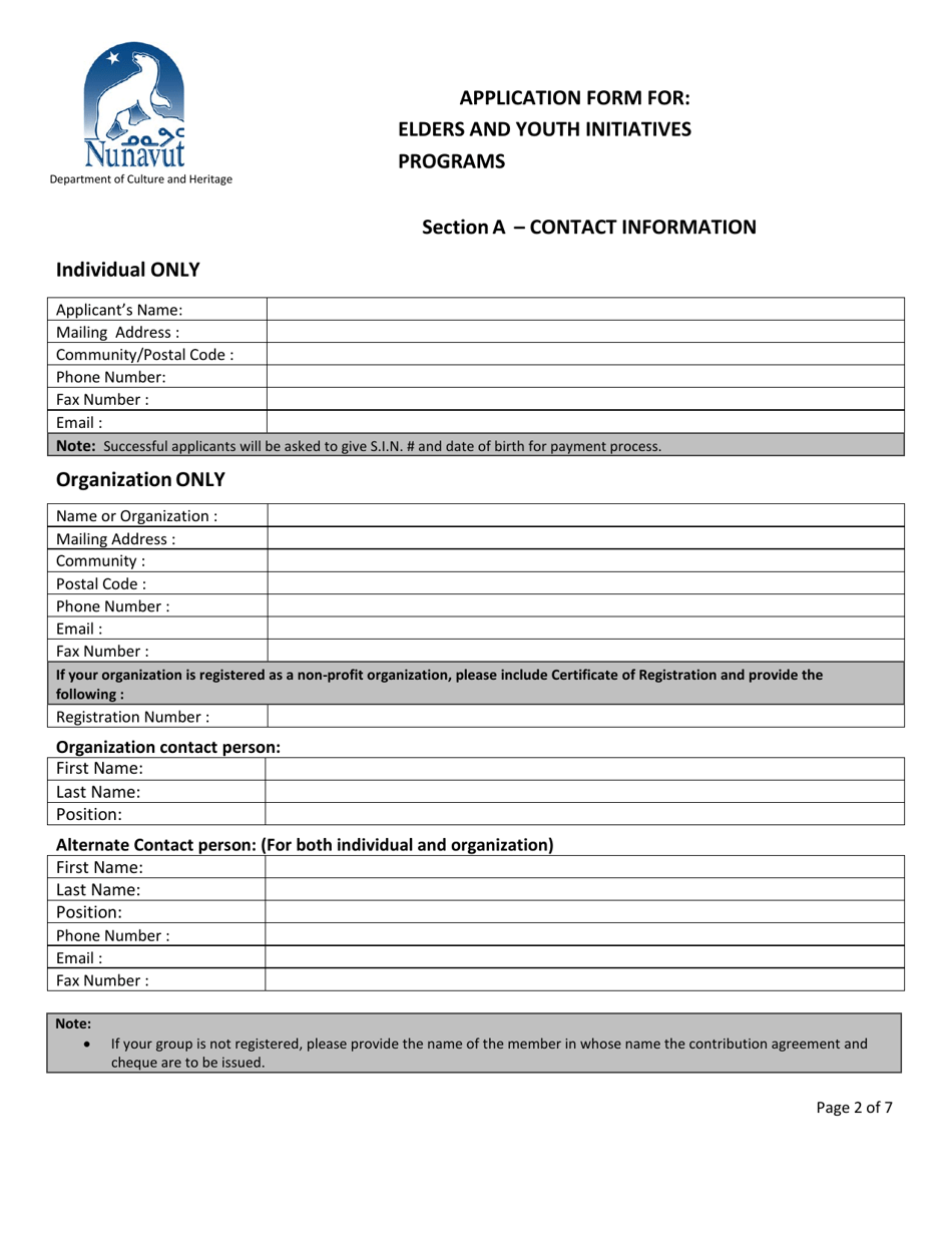 Application for Assistance Grants  Contributions Programs Application Form for: Elders and Youth Initiatives Programs - Nunavut, Canada, Page 2