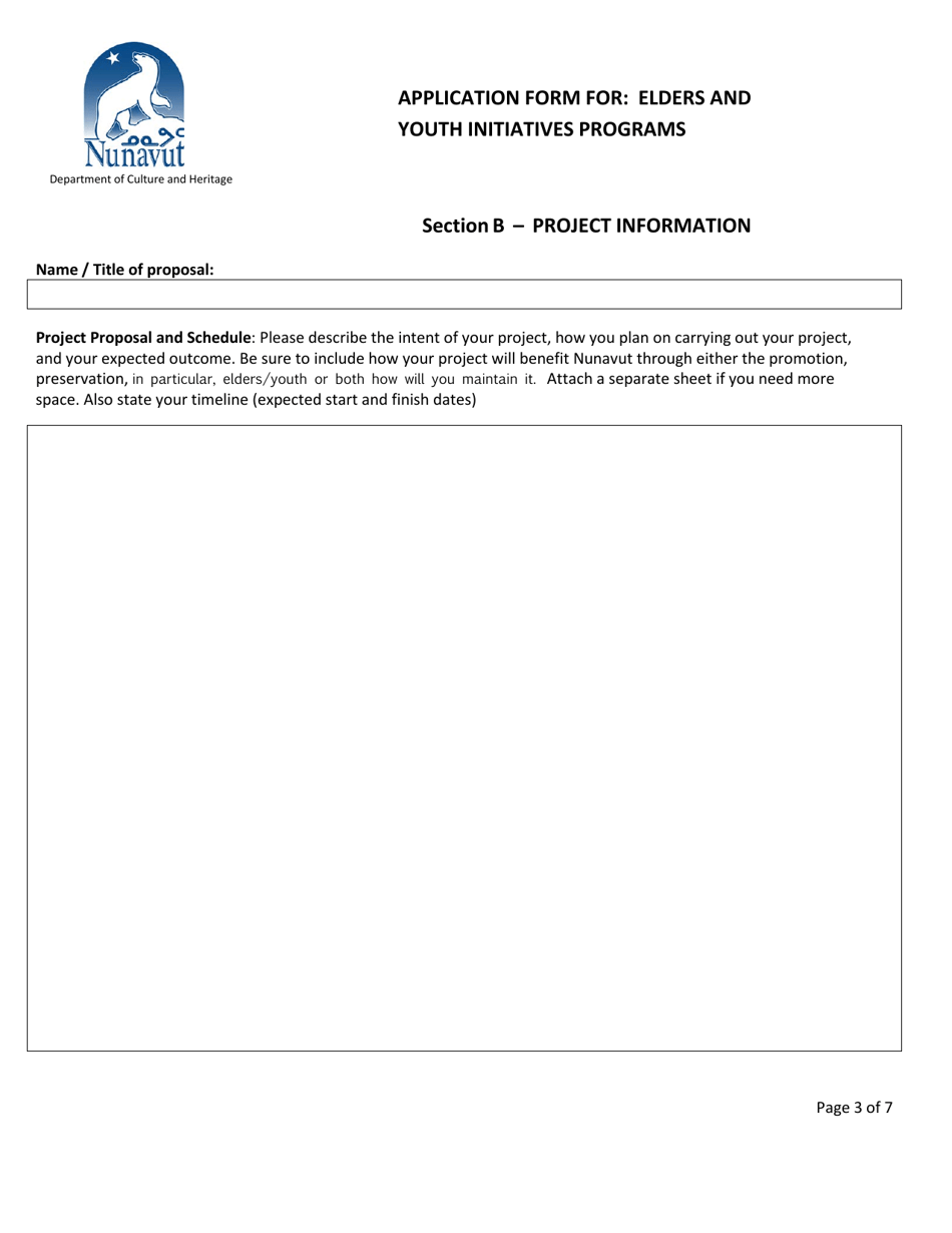 Application for Assistance Grants  Contributions Programs Application Form for: Elders and Youth Initiatives Programs - Nunavut, Canada, Page 3