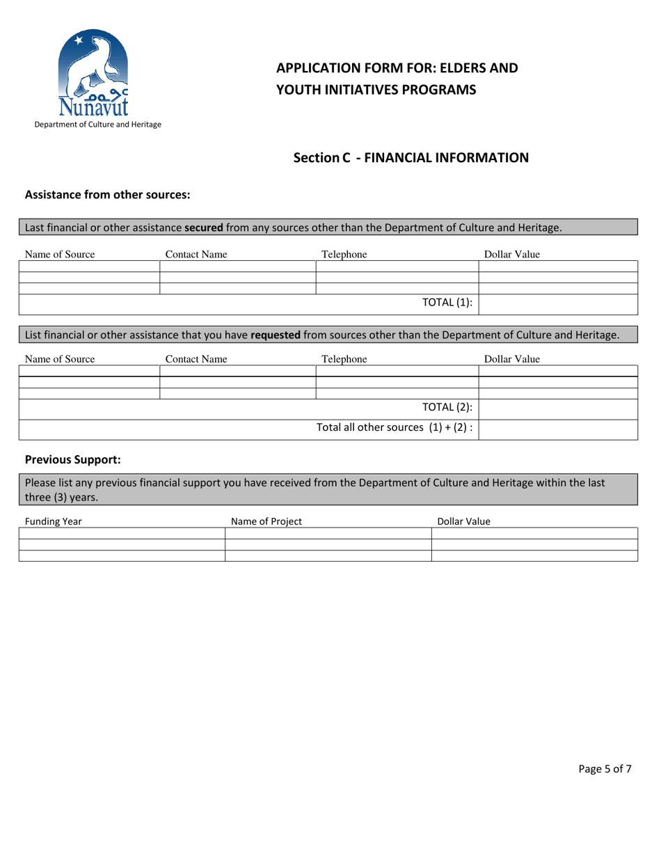 Application for Assistance Grants  Contributions Programs Application Form for: Elders and Youth Initiatives Programs - Nunavut, Canada, Page 5