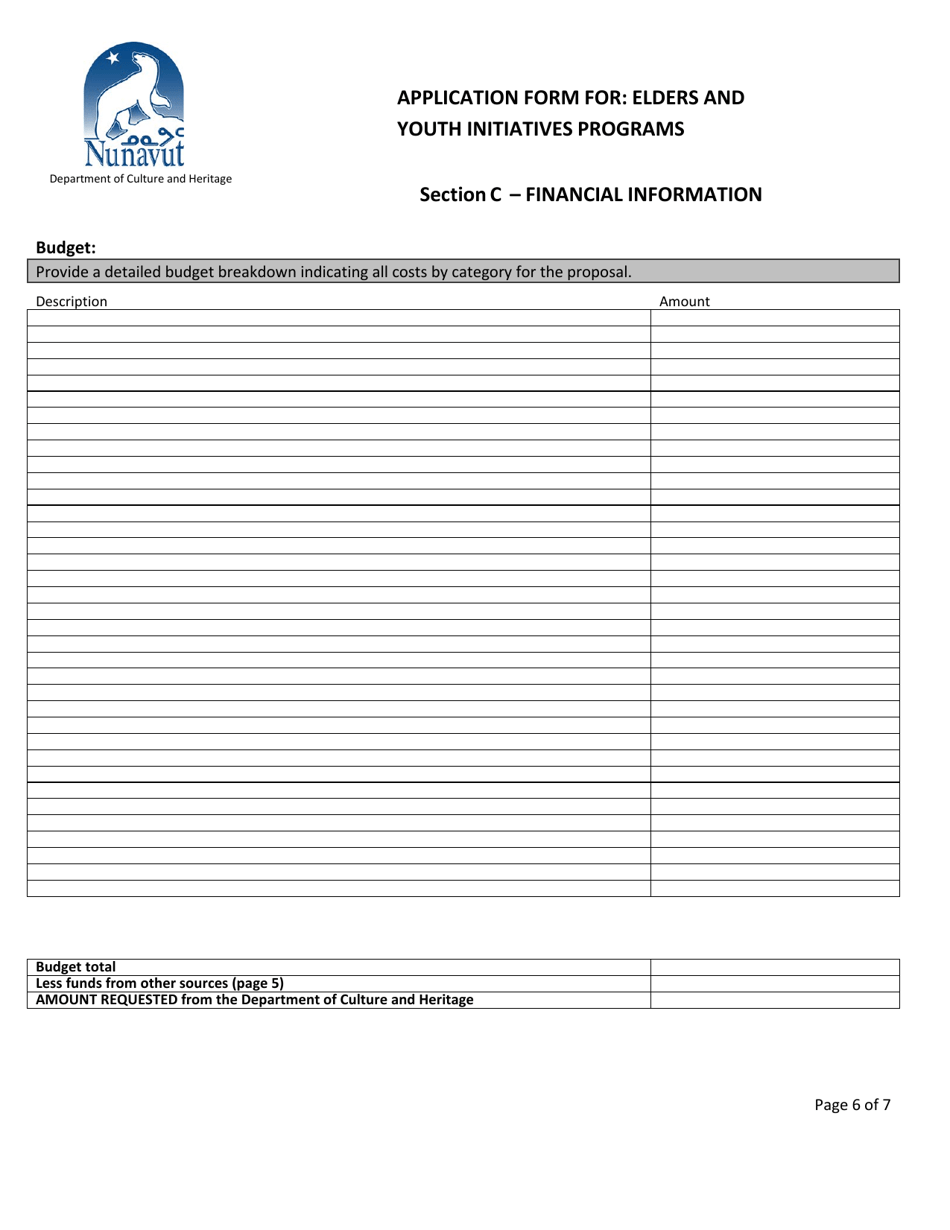Application for Assistance Grants  Contributions Programs Application Form for: Elders and Youth Initiatives Programs - Nunavut, Canada, Page 6