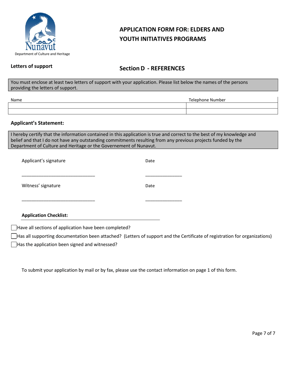 Application for Assistance Grants  Contributions Programs Application Form for: Elders and Youth Initiatives Programs - Nunavut, Canada, Page 7