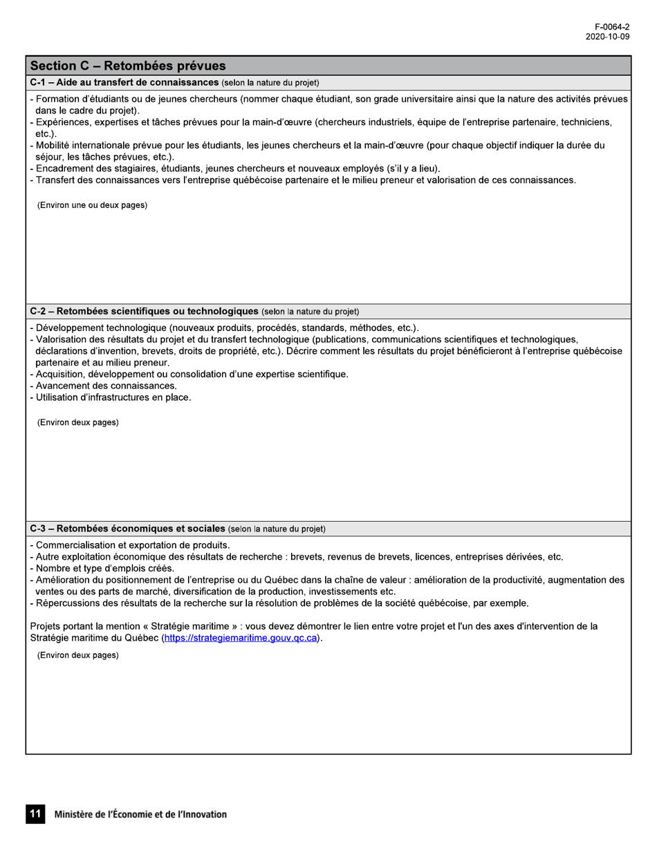 Forme F-0064-2 Volet 1 Soutien Aux Projets Dinnovation Appel De Projets Quebec-Israel - Demande Daide Financiere - Quebec, Canada (French), Page 11