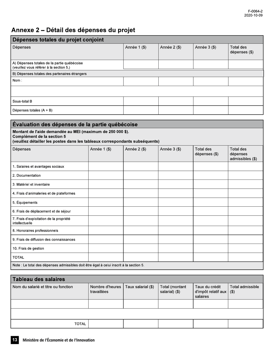 Forme F-0064-2 Volet 1 Soutien Aux Projets Dinnovation Appel De Projets Quebec-Israel - Demande Daide Financiere - Quebec, Canada (French), Page 13