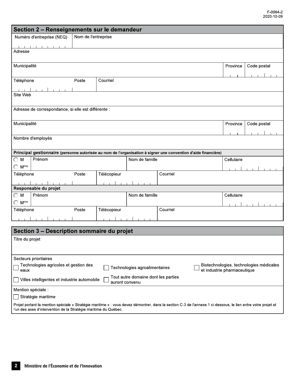 Forme F-0064-2 Volet 1 Soutien Aux Projets Dinnovation Appel De Projets Quebec-Israel - Demande Daide Financiere - Quebec, Canada (French), Page 2