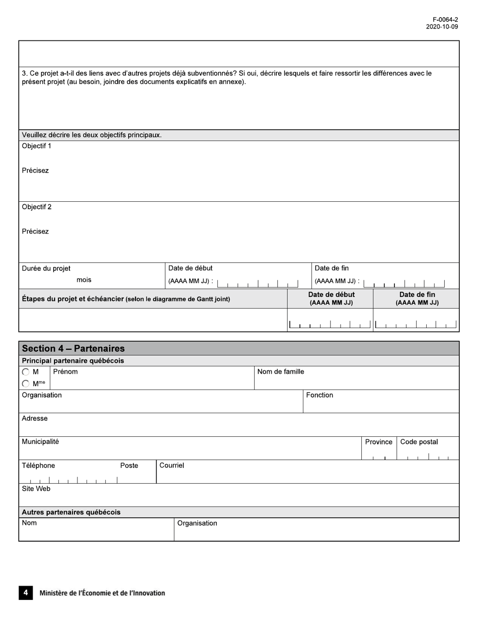 Forme F-0064-2 Volet 1 Soutien Aux Projets Dinnovation Appel De Projets Quebec-Israel - Demande Daide Financiere - Quebec, Canada (French), Page 4