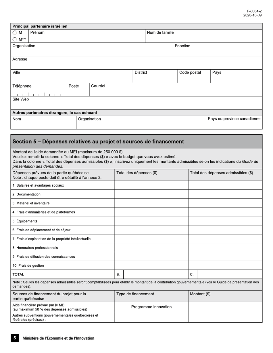 Forme F-0064-2 Volet 1 Soutien Aux Projets Dinnovation Appel De Projets Quebec-Israel - Demande Daide Financiere - Quebec, Canada (French), Page 5