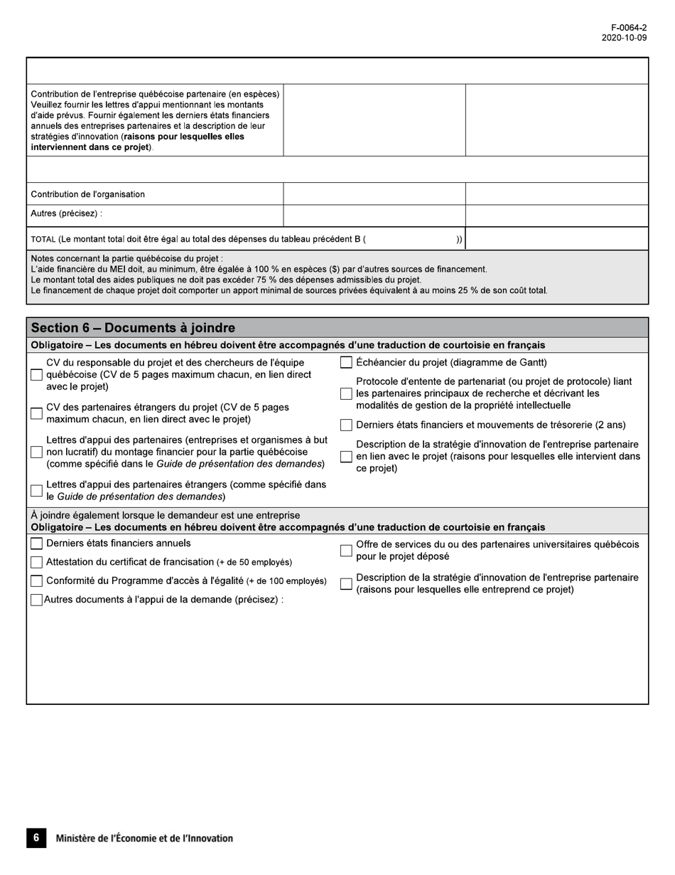 Forme F-0064-2 Volet 1 Soutien Aux Projets Dinnovation Appel De Projets Quebec-Israel - Demande Daide Financiere - Quebec, Canada (French), Page 6