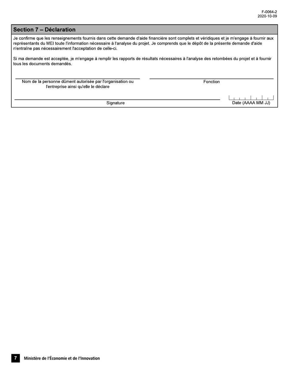 Forme F-0064-2 Volet 1 Soutien Aux Projets Dinnovation Appel De Projets Quebec-Israel - Demande Daide Financiere - Quebec, Canada (French), Page 7