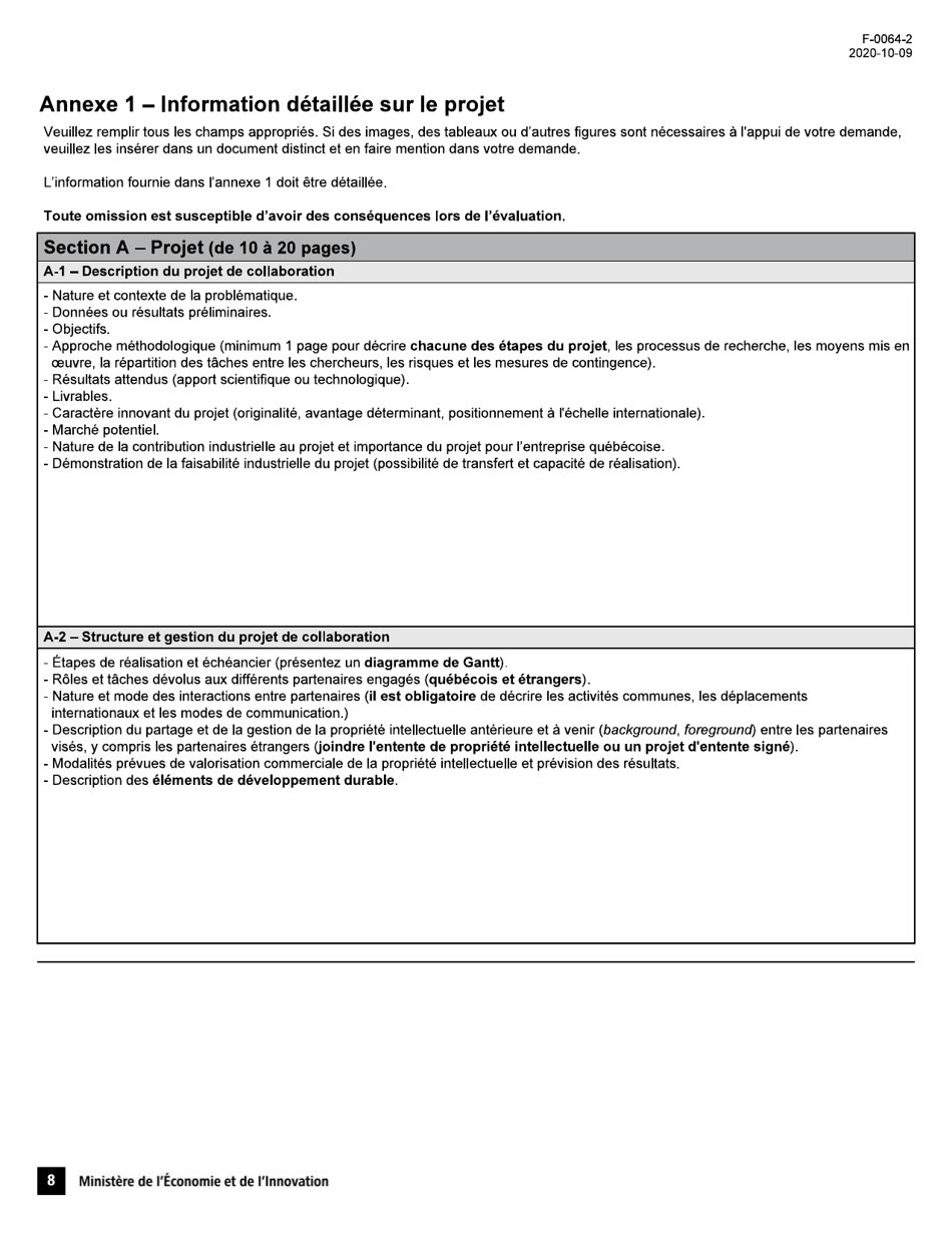 Forme F-0064-2 Volet 1 Soutien Aux Projets Dinnovation Appel De Projets Quebec-Israel - Demande Daide Financiere - Quebec, Canada (French), Page 8